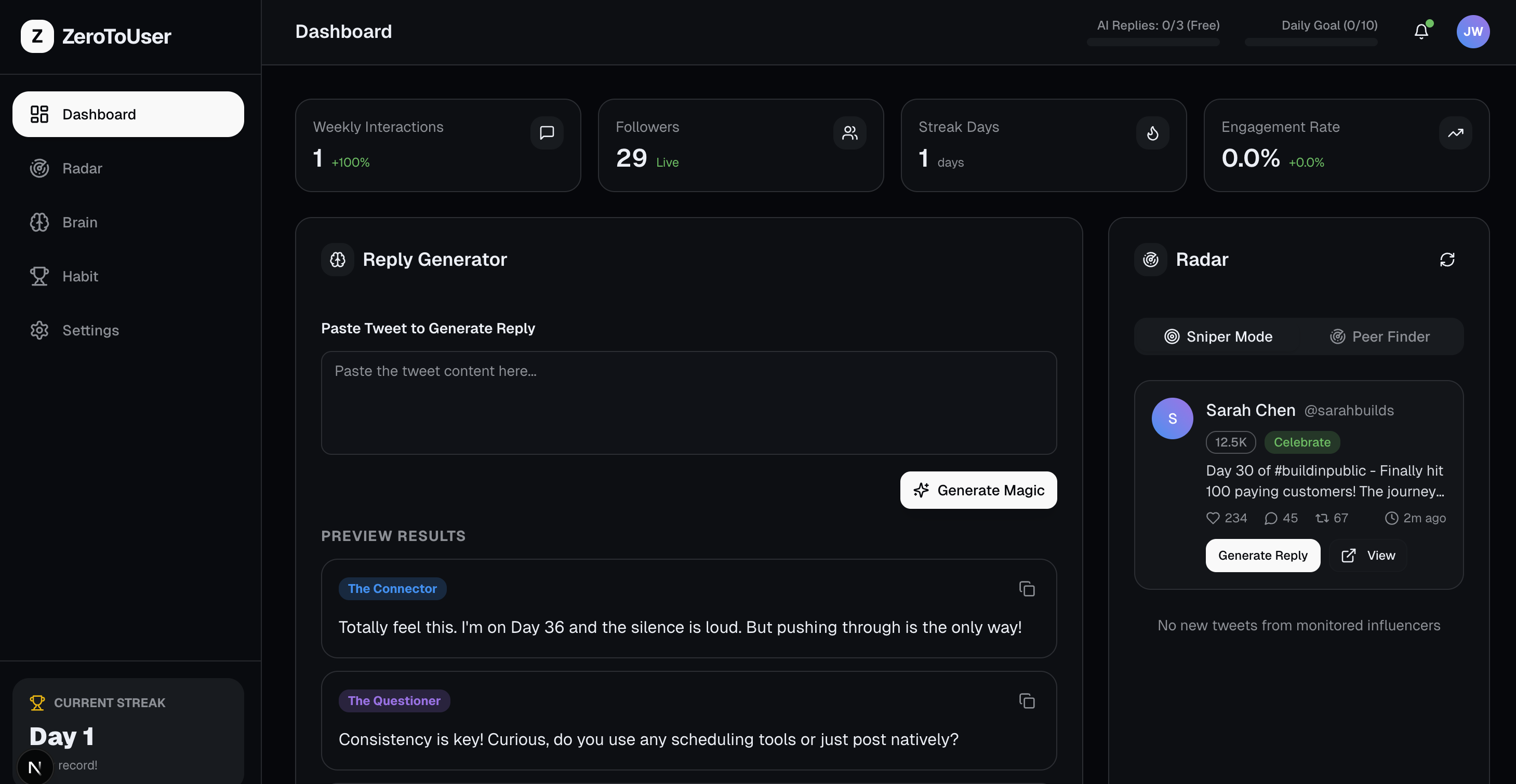 ZeroToUser Dashboard Preview